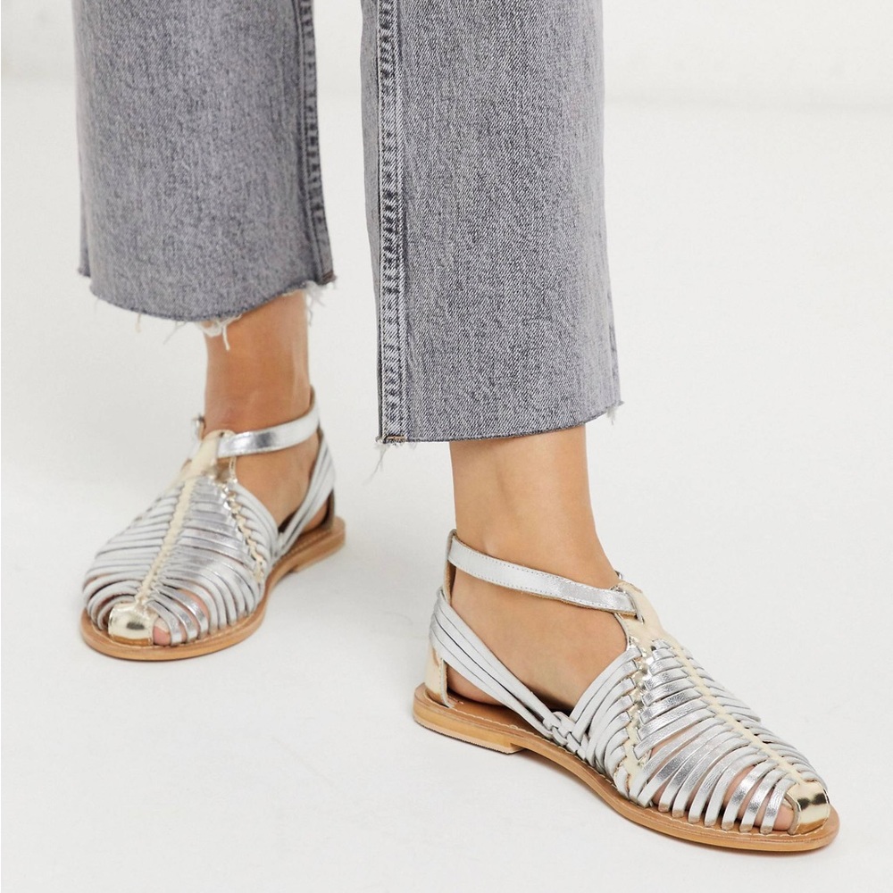 ASOS Design Viva Leather Woven Hurache Flat in Silver and Pale Gold Sz 6